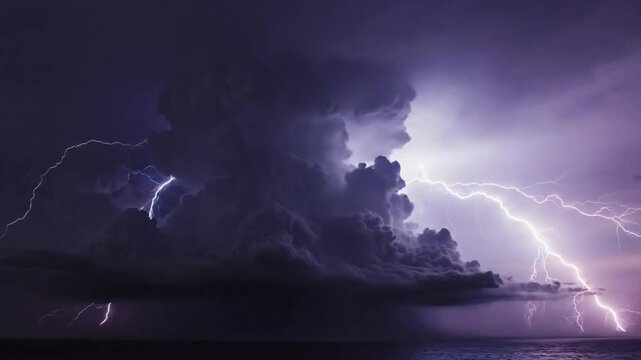 Epic Thunderstorm Displaying Intense Lightning Flashes Over the Ocean at Dusk, Dramatic Weather Phenomenon