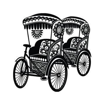 Two ornately decorated rickshaws in a traditional painting style, symbolizing cultural transport and art.
