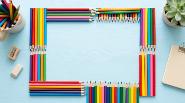 Creative border made of colorful pencils erasers and sharpener on blue background with copy space