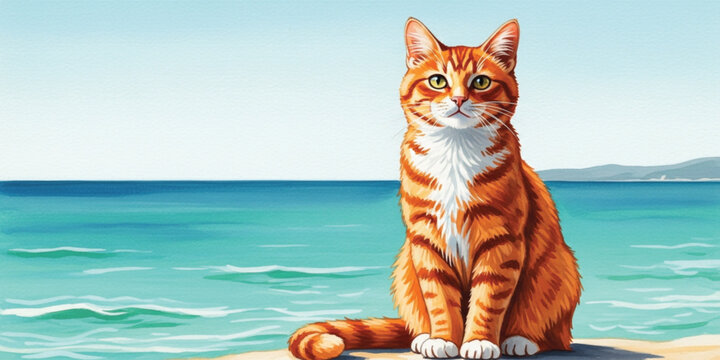 Cute Orange Tabby Cat Sitting on Tropical Beach with Blue Ocean Watercolor Style Pet Animal Summer Vacation Illustration