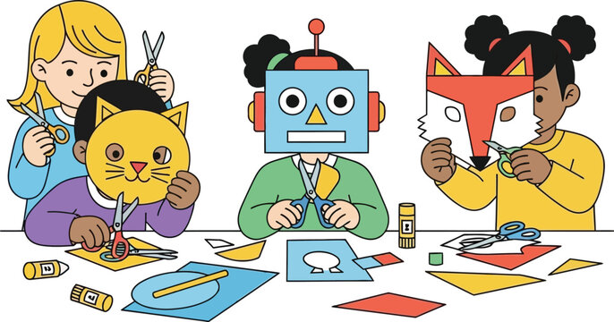Children Crafting Animal Masks and Robot Costume