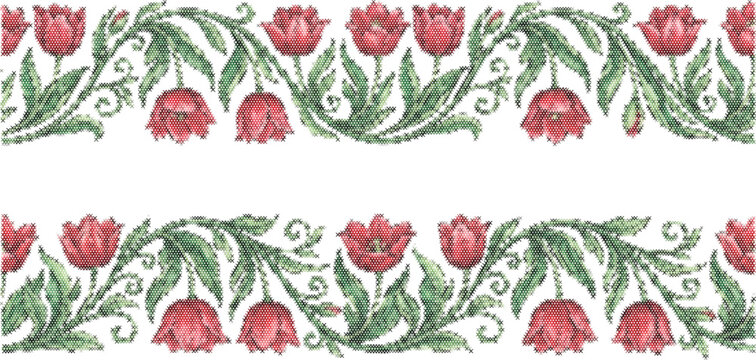 Tulip red border printable vector pattern wall decor pixel art cross stitch grid vector