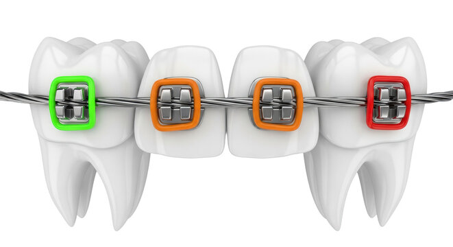 White human premolar tooth models with polished orthodontic brackets, silver archwire, and vibrant green, orange, red ligatures, in a sterile studio, emphasizing dental technology