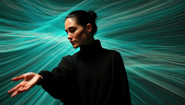 Woman in dark sweater with arm extended against swirling teal light
