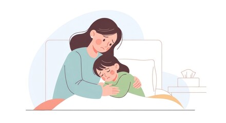 Obraz premium Mother comforts a sick child in bed vector illustration