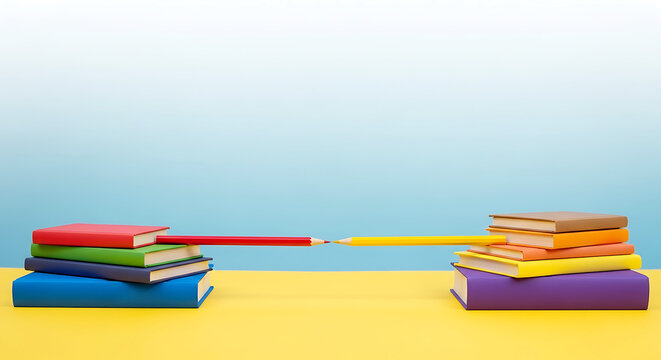 Two stacks of colorful books with pencils bridging the gap on yellow and blue background