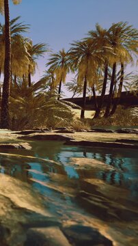 Sunlight dances on the surface of clear water in a serene oasis surrounded by lush palm trees. The peaceful atmosphere invites relaxation and a connection with natures beauty.