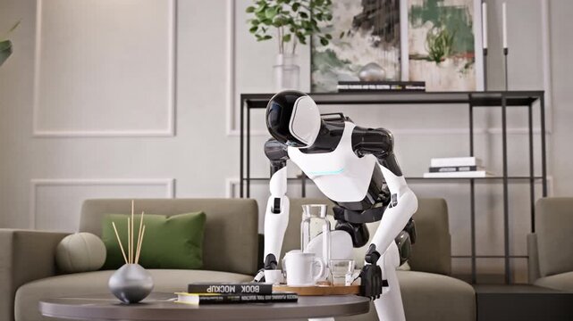 AI-powered humanoid robot cleans an apartment, picking up dirty dishes in a modern living room. Advanced household and housekeeping automation. Future smart home technology. 3d animation rendering