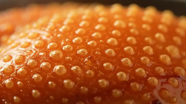 Close up macro shot of bright orange fish roe texture with tiny spheres.