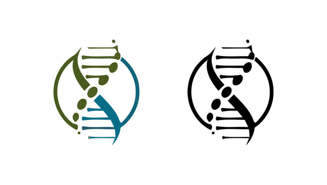 A pair of DNA helix logos in green, blue, and black on a white background
