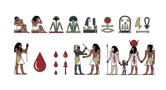 Ancient Egyptian hieroglyphs depict medical scenes and symbols of life isolated on white background