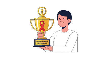 Fototapeta premium Man proudly holds trophy for hemophilia awareness chess tournament isolated on white background