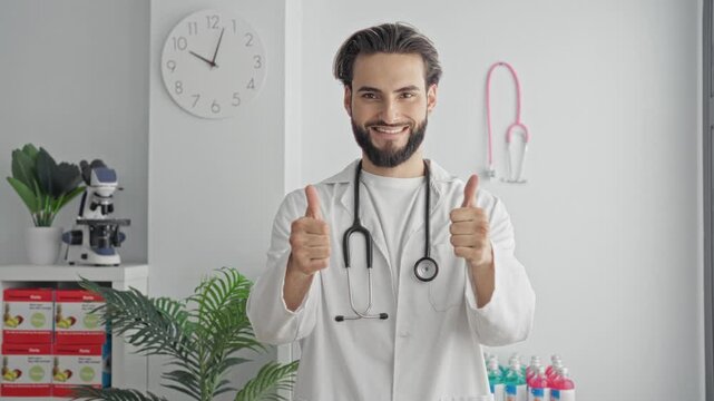 Man doctor with stethoscope and white coat smiles and gives two thumbs up gesture in a clinic building, visible microscope, clock and shelf; friendly care optimism.