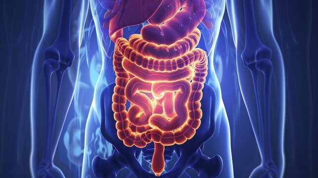 Ulcerative Colitis Medical Illustration, Chronic Inflammatory Bowel Disease Affecting the Colon and Rectum with Mucosal Ulcers, Bleeding and Abdominal Symptoms,
