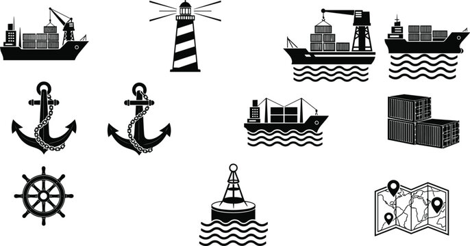 Vector collection of minimalist black and white maritime icons featuring cargo ships anchors lighthouse nautical steering wheel and world map isolated on white background
