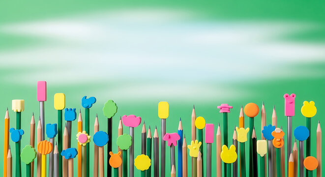 Row of pencils with cute colorful animal and character erasers on bright green background with copy space