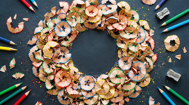 Circular wreath of colorful pencil shavings with sharp pencils and sharpener on dark chalkboard background