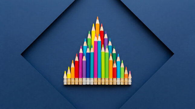 Symmetrical triangle pyramid of colorful pencils with erasers inside blue geometric diamond frame on dark blue
