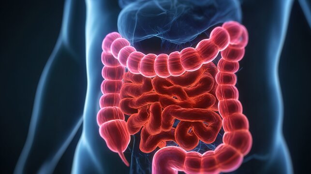 Ulcerative Colitis Medical Illustration, Chronic Inflammatory Bowel Disease Affecting the Colon and Rectum with Mucosal Ulcers, Bleeding and Abdominal Symptoms,
