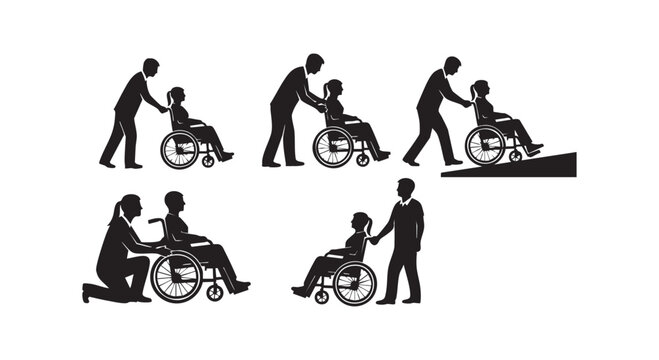 People in wheelchairs silhouettes assisted by caregivers helping individuals with mobility challenges on ramps and flat surfaces.