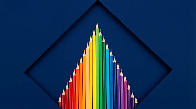 Tall vertical triangle of multicolored pencils pointing up within geometric frame on deep blue background