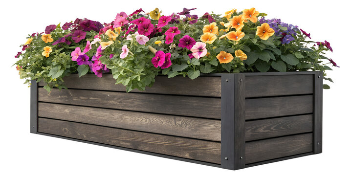 Rustic Dark Wood Window Frame with Colorful Spring Flower Box Planter
