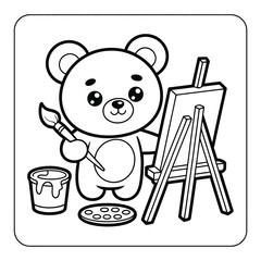 Bear cub stands next to an artist easel and holds a paintbrush while preparing to paint on a canvas, with a paint bucket and palette placed on the floor in this engaging coloring book design. © Alishba
