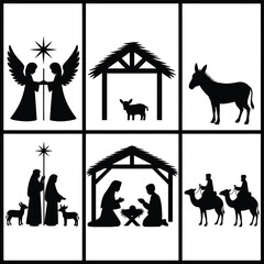 Fototapeta premium Nativity scene illustrations in black and white divided into six panels