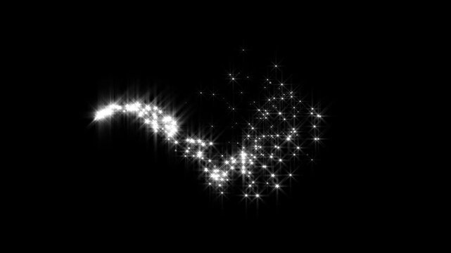 Fairy dust wand glitter stars trail with glowing star lights, twinkling particles combined with magic sparkle dust to form a smooth glitter line transition overlay on a black screen alpha loop in 4k