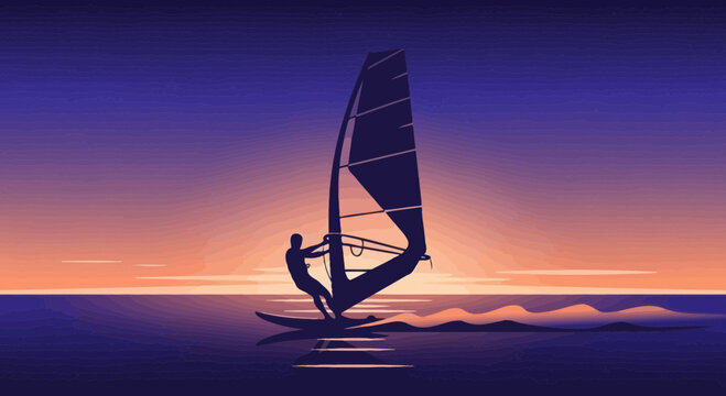 Silhouette Of A Windsurfer Riding Waves At Sunset