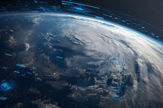Satellite monitoring climate change over Earth, digital weather analytics interface, environmental science technology, space perspective, stunning realism