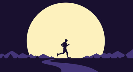 Obraz premium Silhouette Runner Against A Large Moon In A Stylized Landscape