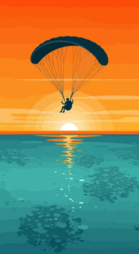 Silhouette Paraglider Soaring Over Calm Ocean During Vibrant Sunset Adventure