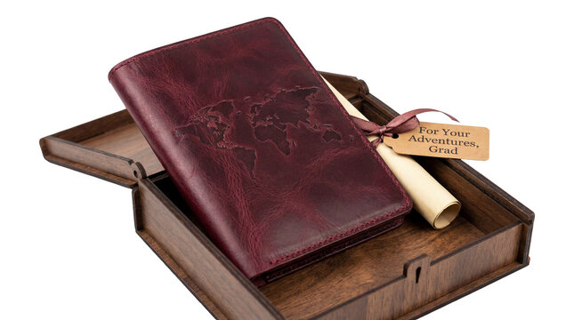 Antique Leather Journal Inside Wooden Box With Tag.