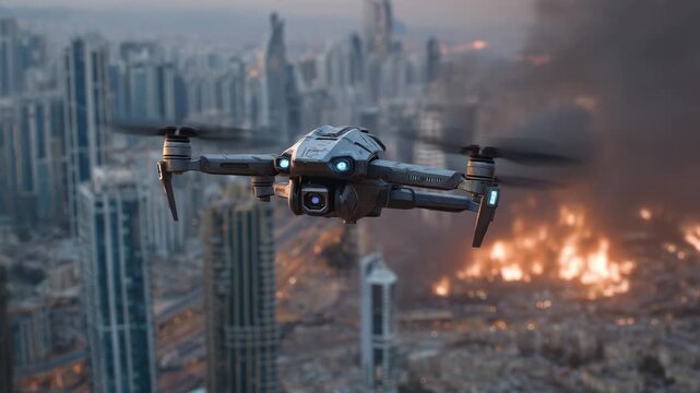 Shahed drone in mid-flight above a war-torn city, smoke and flames rising from modern high-rise buildings, tactical UAV positioning for air raids, tense aerial warfare atmosphere,