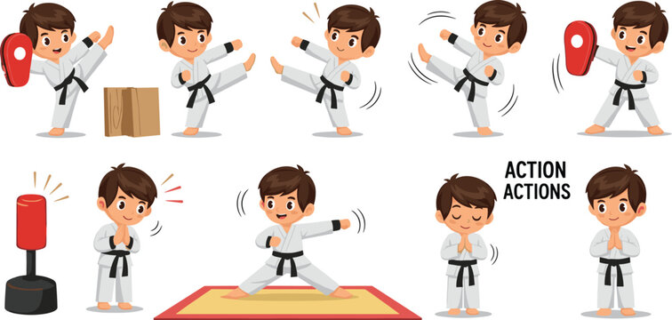 Cute Little Boy Character In Karate Kimono Practicing Martial Arts Poses Kick Punch And Bow Cartoon Vector Illustration Isolated On White Background