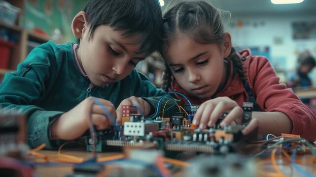 Video Two children working together on a project involving electronic components
