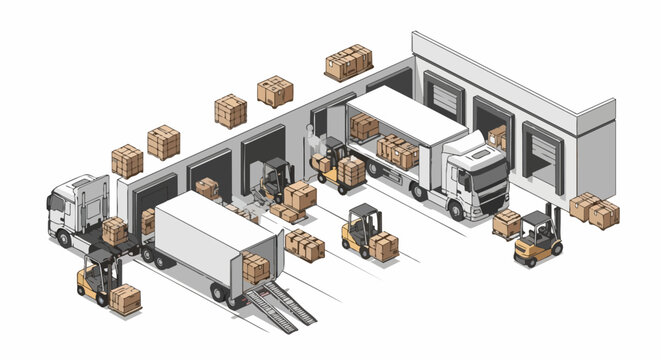 Isometric Warehouse Logistics Illustration with Delivery Trucks, Forklifts, and Cargo Boxes in a Distribution Center Loading Dock