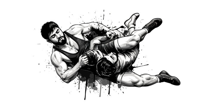 Dynamic black and white illustration of two wrestlers in intense combat.