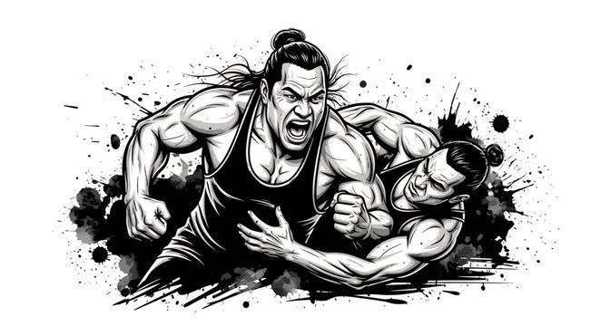 Dynamic Black and White Illustration of Two Wrestlers in Intense Grappling Action.