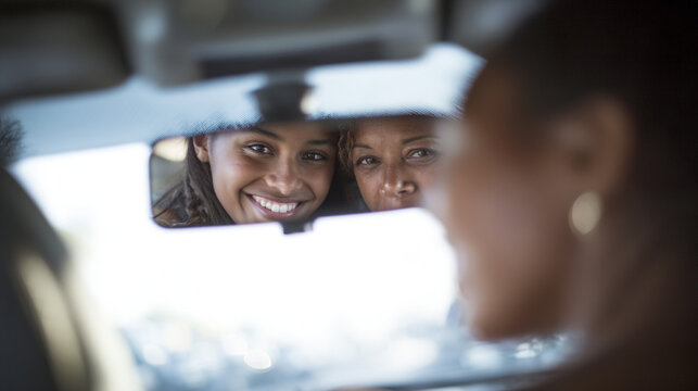 Two smiling women look at each other in the rearview mirror of a car.