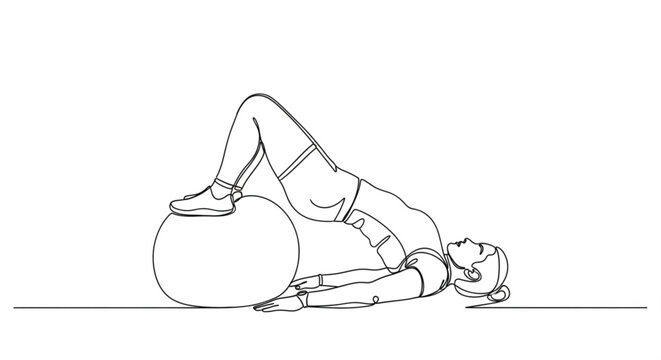 One line drawing of woman doing bridge exercise on fitness ball minimalist vector illustration