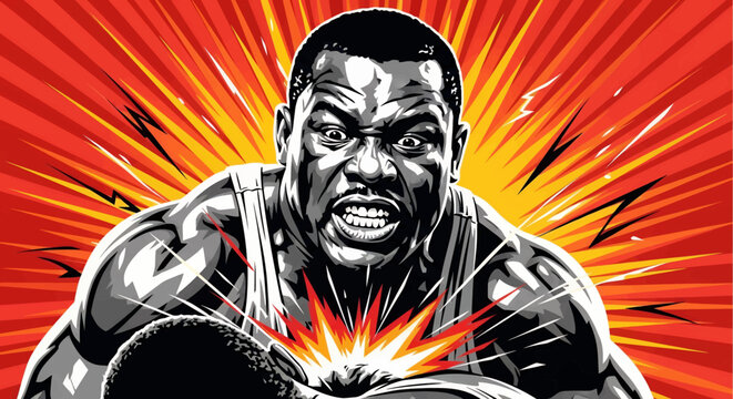Powerful African American Boxer in Dynamic Comic Book Style Illustration.
