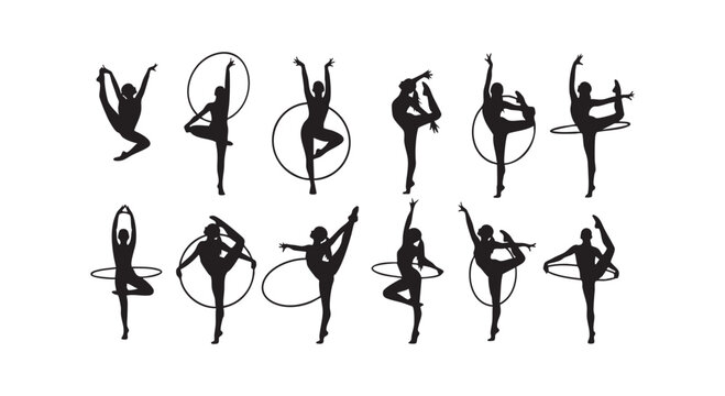 Rhythmic gymnastics athletes performing with hoops in dynamic poses athletic grace and flexibility.