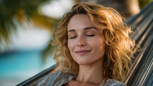 Smiling blonde female relaxing in a hammock under palm trees, tropical beach stretching behind her, warm sunset light illuminating her face and golden hair, turquoise water glisten