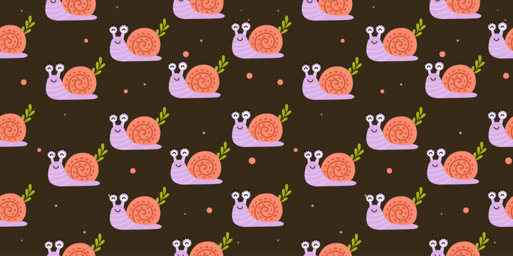 Snail seamless pattern cute cartoon mollusk dark background