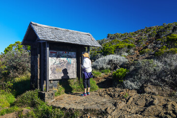 Scenic landscape of Piton de la Fournaise (Peak of the Furnace) 2632m, a shield volcano on the eastern side of Reunion island in the Indian Ocean and one of the most active volcanoes in the world. 