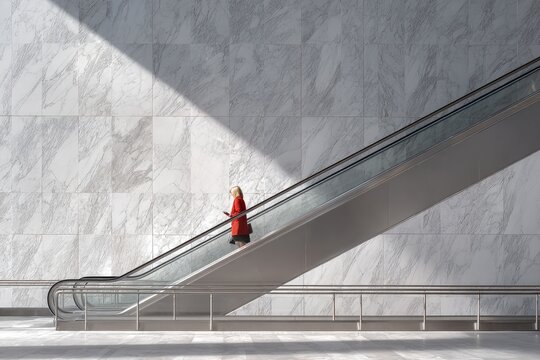 Woman in red coat ascends escalator against a bright marble wall