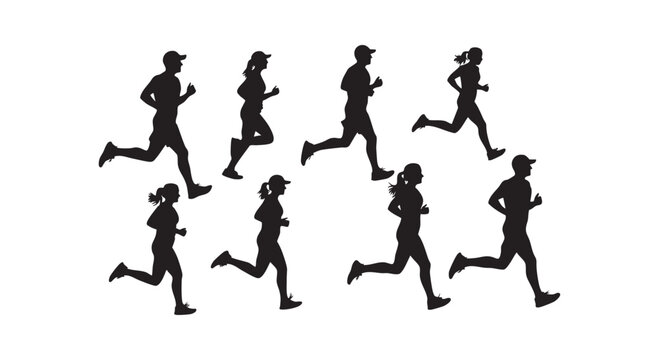 Runners silhouettes set of men and women jogging exercising on track or road fitness sport activity people illustration.