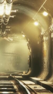 A dimly lit tunnel stretches into the distance, with warm lights glowing from above. Rails curve along the ground, hinting at stories hidden in the shadows of an urban landscape.